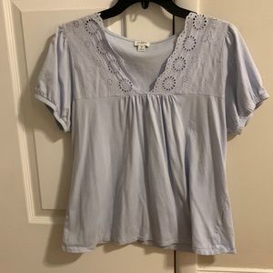 I. Crew light blue short-sleeve top with lace detail.
